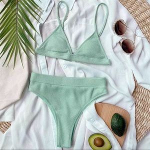 Green Ribbed Knit Bikini | Triangle, High Waisted